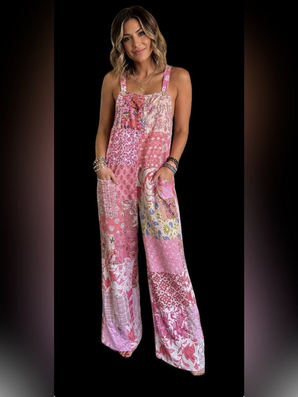 NWT Rising International Pink Boho Patchwork Cotton Overalls